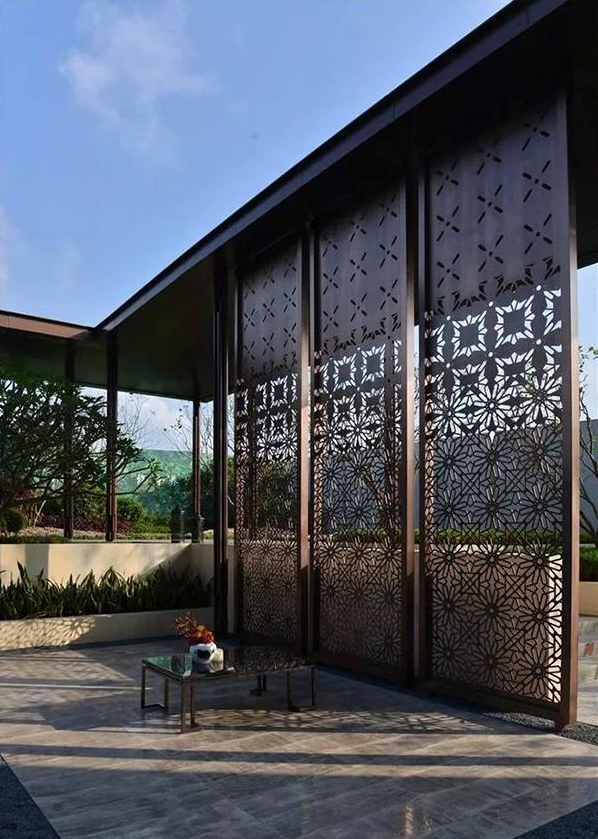 中式景观流行设计元素：不锈钢亭台·长廊镂空屏风